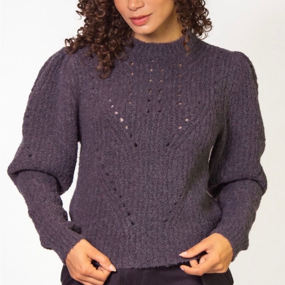 Ulla Johnson alpaca blend puff sleeve gray purple tint round neck sweater, small